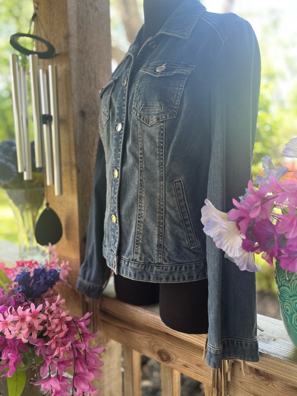 Chico’s Denim Blue Jean Western/Festival Faux Suede Long Fringed Jacket NWT S - Picture 5 of 12